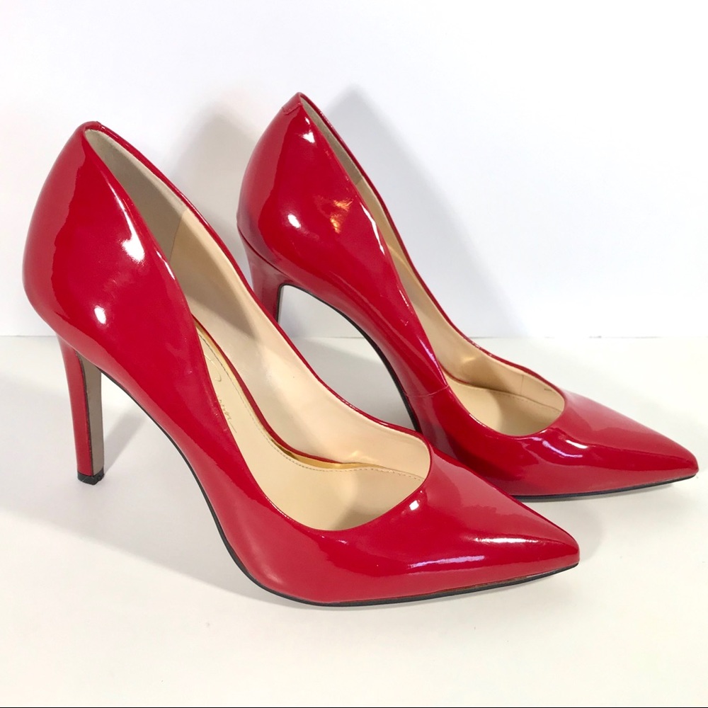 Jessica Simpson Red Patent Pointed-Toe Stiletto Pumps. Heel is 4’